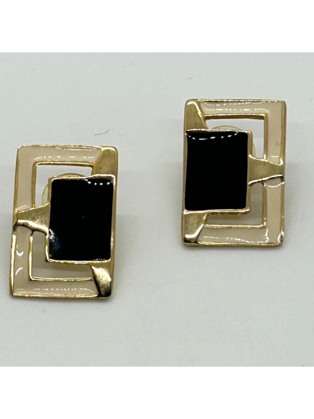 Vintage Geometric Earrings Black Cream Enamel Gold Tone Rectangular Made In USA